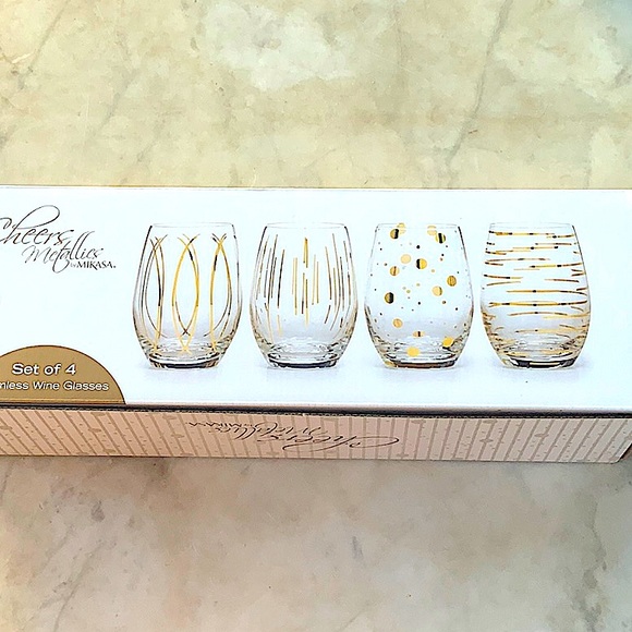 MIKASA CHEERS METALLICS GOLD STEMLESS WINE GLASS SET OF 4 - Picture 3 of 8